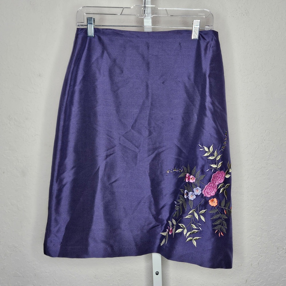 Melrose Studio Purple 100% Silk Embroidered Beaded Floral Skirt Size 10 Y2K‎